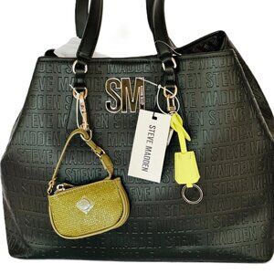 Steve Madden Embossed Black Tote Bag with Logo Charm & Mini Pouch
